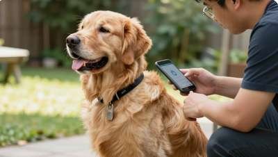 A golden retriever wearing a GPS tracking collar sitting happily with its owner in a sunny backyard